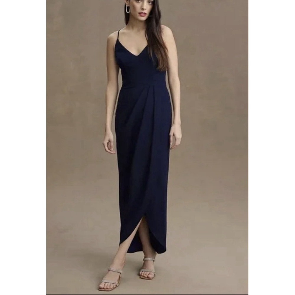 Anthropologie BHLDN Lyra V-neck Faux Wrap Stretch Crepe Navy Midi Dress US 12